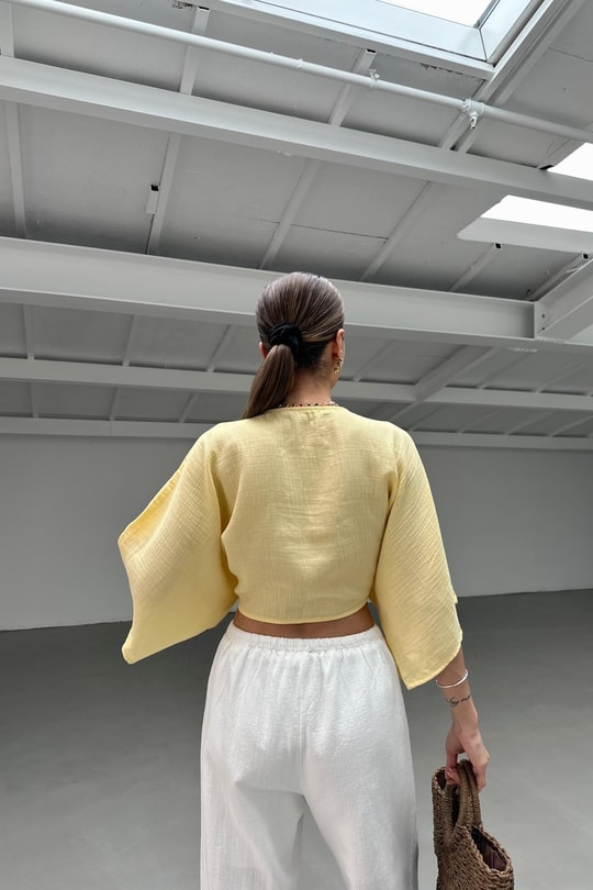 Bağlamalı Kısa Kimono Sarı