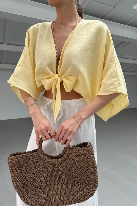 Bağlamalı Kısa Kimono Sarı