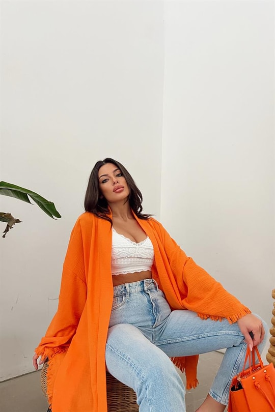 Bohem Baskı Püskül Kimono Oranj