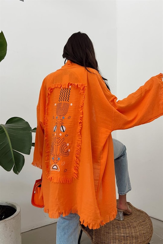 Bohem Baskı Püskül Kimono Oranj