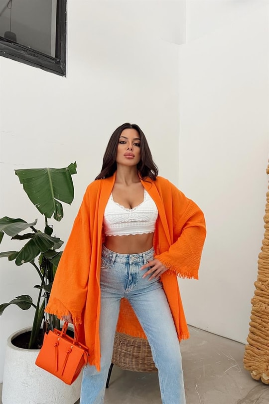 Bohem Baskı Püskül Kimono Oranj