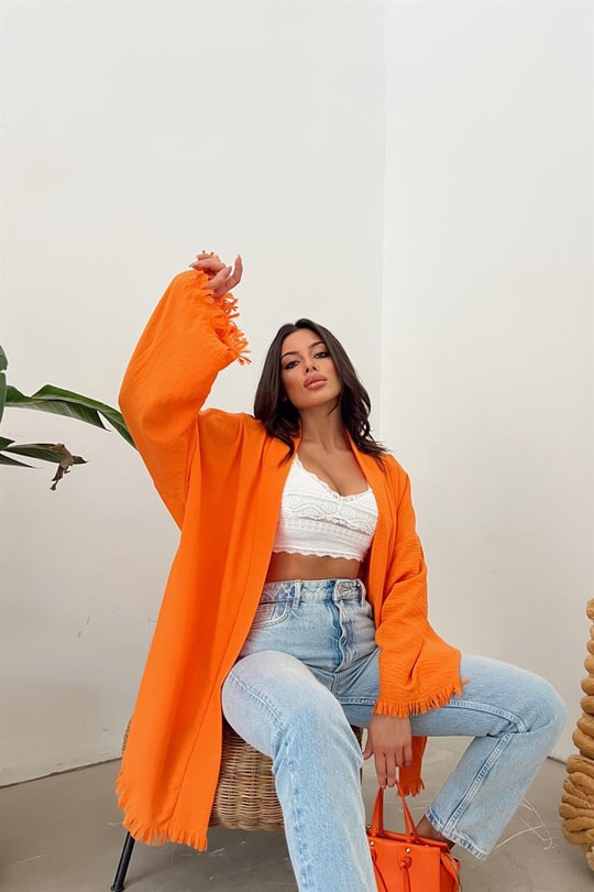 Bohem Baskı Püskül Kimono Oranj