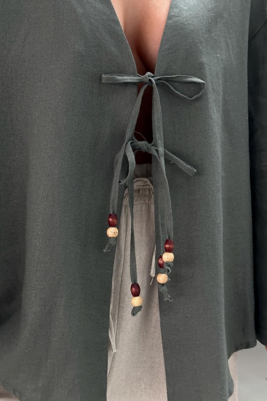 Boncuklu Keten Kimono Haki