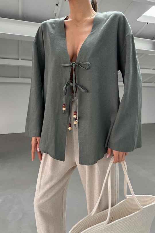 Boncuklu Keten Kimono Haki