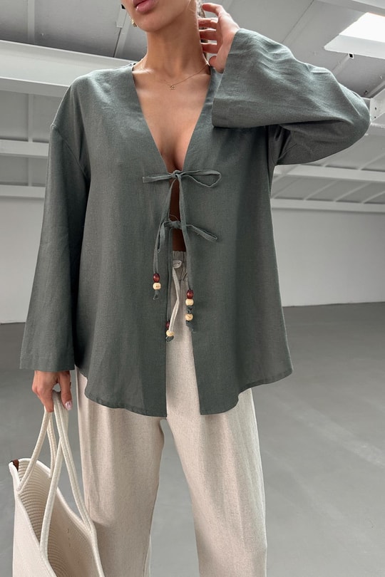 Boncuklu Keten Kimono Haki