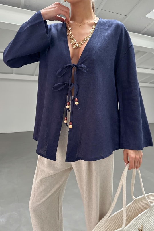 Boncuklu Keten Kimono Lacivert