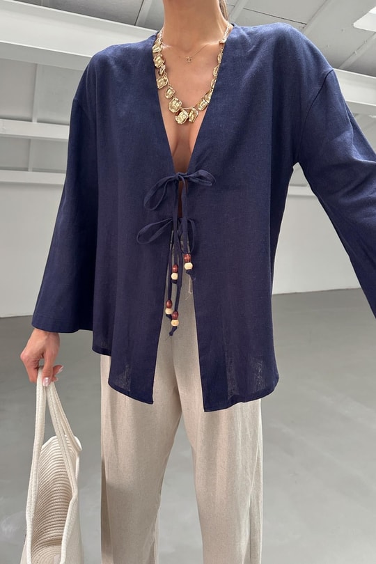 Boncuklu Keten Kimono Lacivert