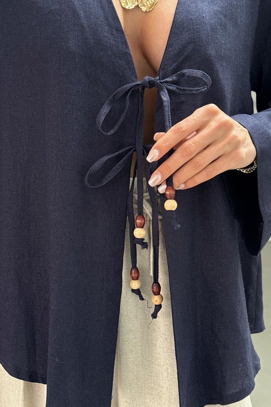 Boncuklu Keten Kimono Lacivert
