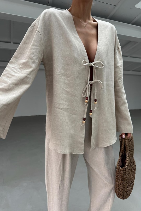 Boncuklu Keten Kimono Taş