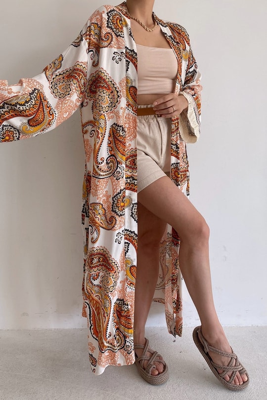 Etnik Desen Kuşaklı Kimono Beyaz