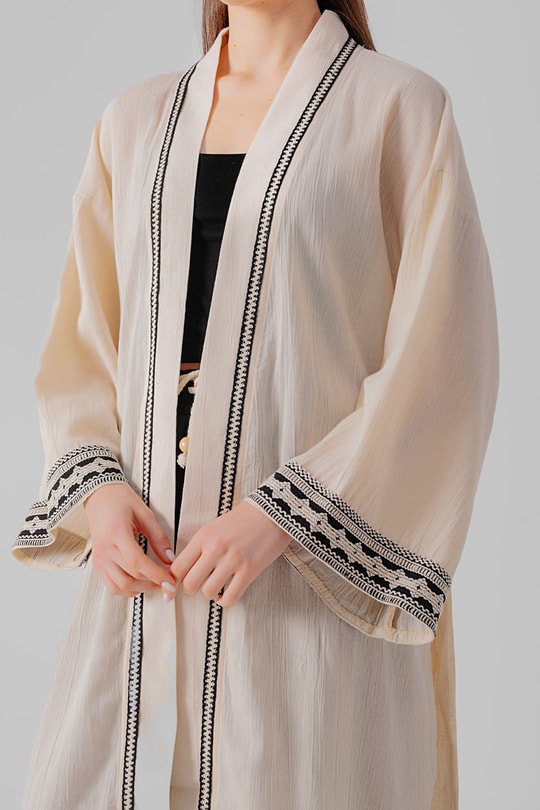 Etnik Detay Keten Kimono Taş