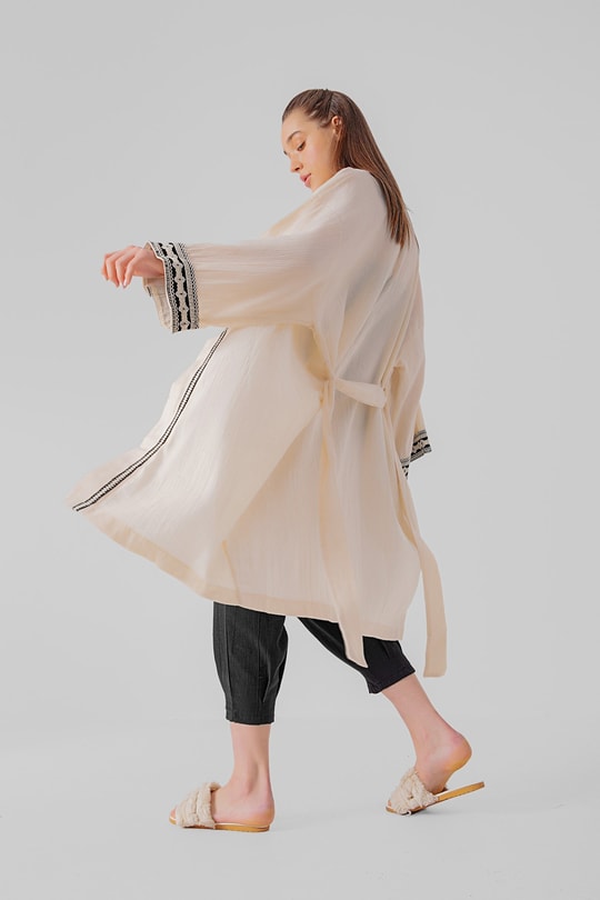 Etnik Detay Keten Kimono Taş