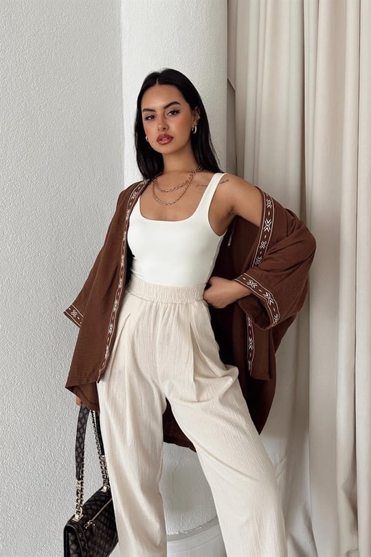 Etnik İşlemeli Keten Kimono Kahve