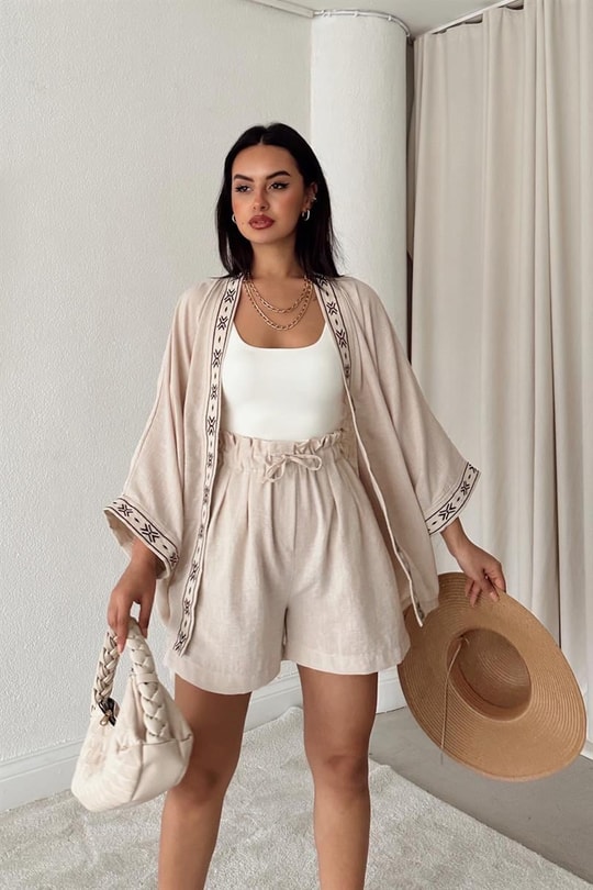 Etnik İşlemeli Keten Kimono Taş