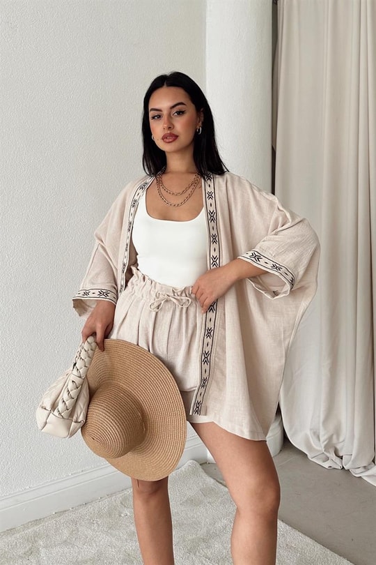 Etnik İşlemeli Keten Kimono Taş
