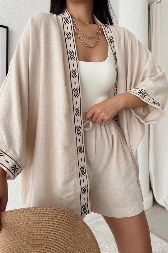 Etnik İşlemeli Keten Kimono Taş