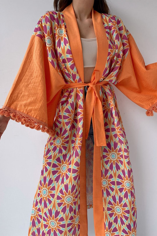 Kuşaklı Sunflower Kimono Oranj