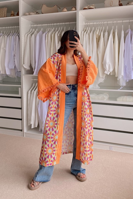 Kuşaklı Sunflower Kimono Oranj