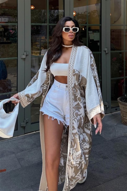 Yaprak Desen Etnik Kimono Vizon