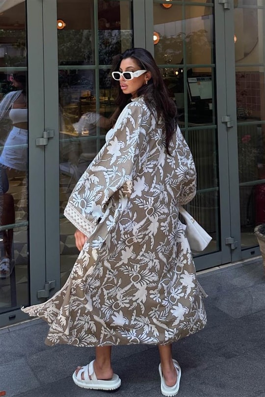 Yaprak Desen Etnik Kimono Vizon