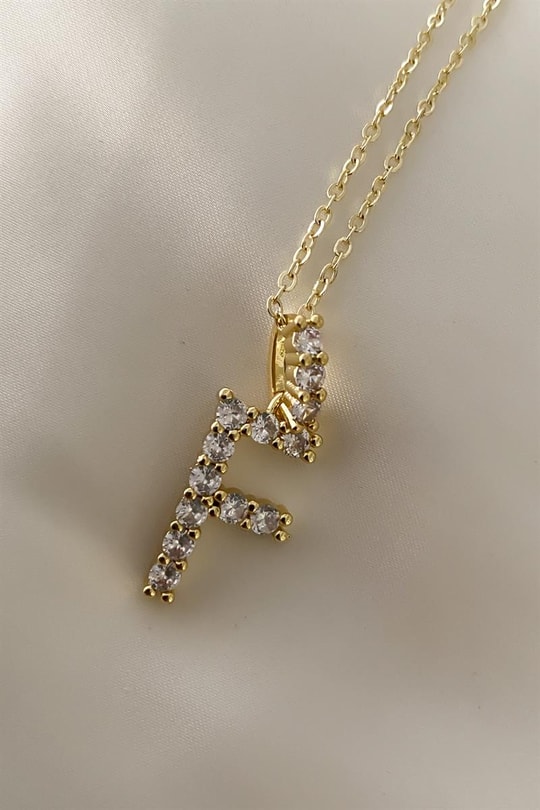 F Harfli Taşlı Kolye Gold