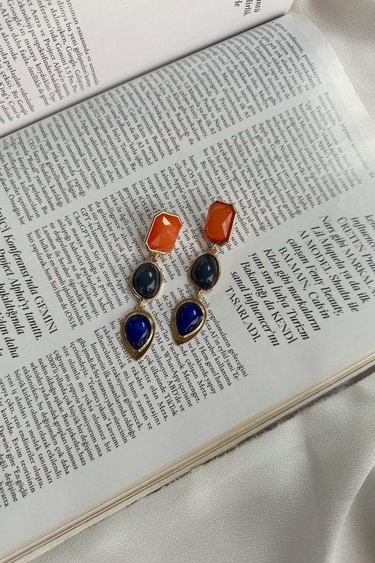 3 Taşlı Vintage Küpe Oranj