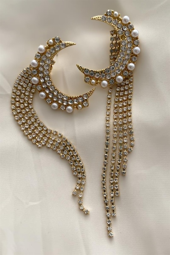 Taşlı Moon Küpe Gold
