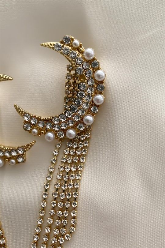 Taşlı Moon Küpe Gold