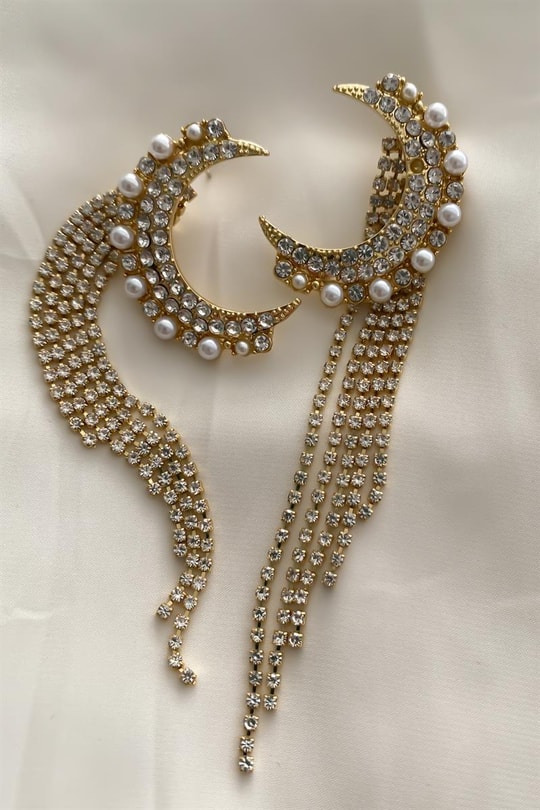 Taşlı Moon Küpe Gold