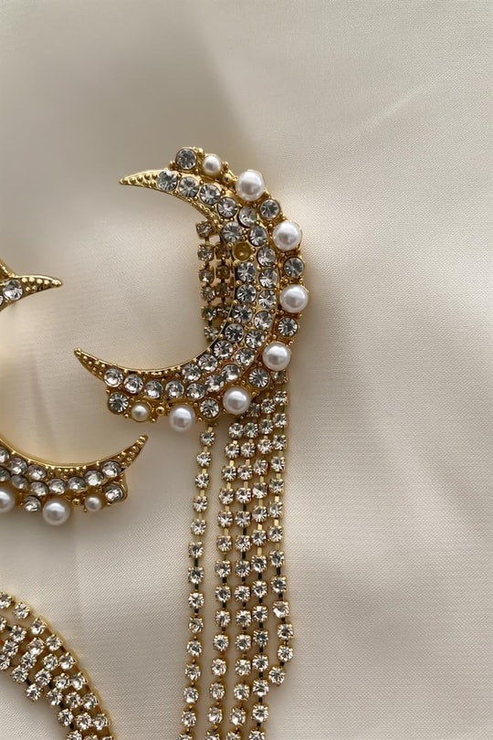 Taşlı Moon Küpe Gold
