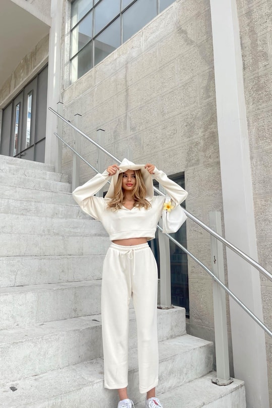 Modal Kapüşonlu Crop Takım Krem