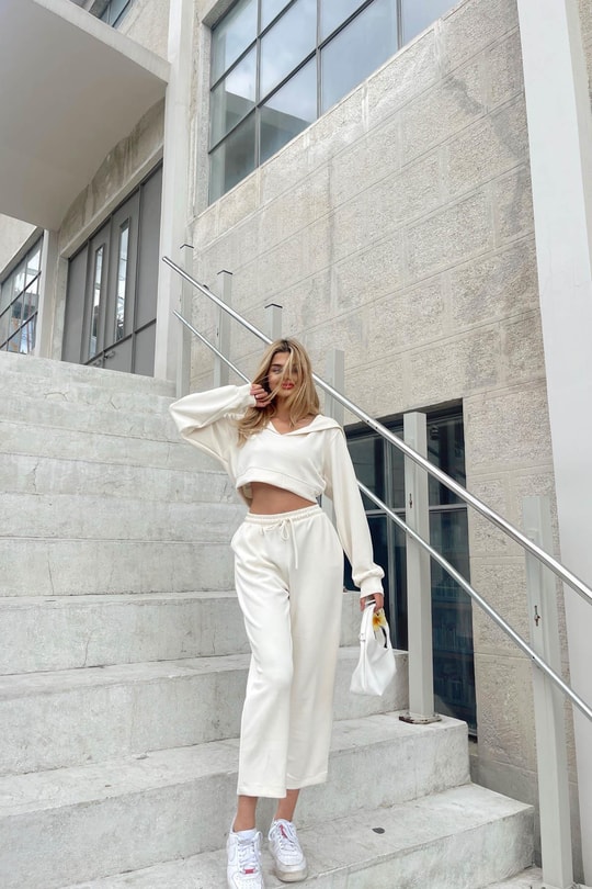 Modal Kapüşonlu Crop Takım Krem
