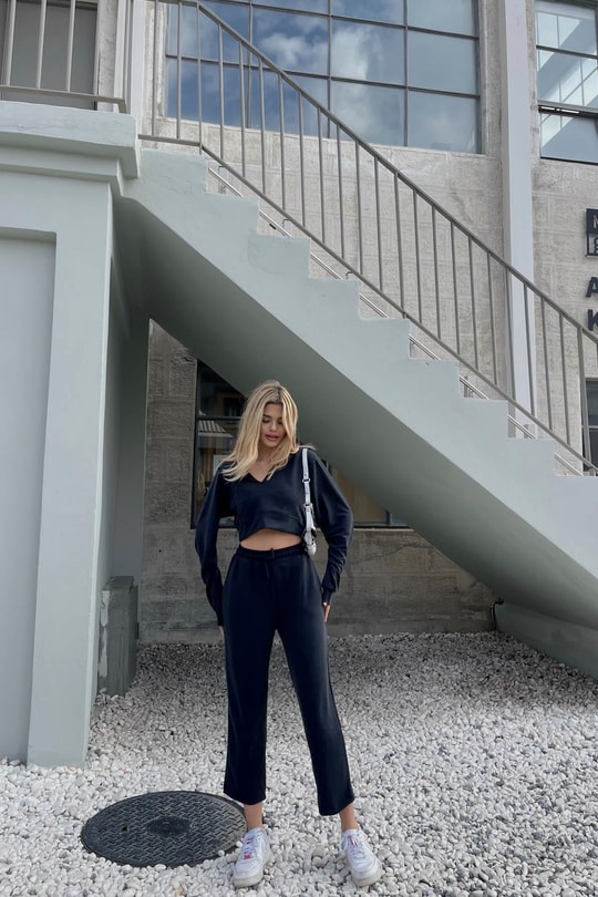 Modal Kapüşonlu Crop Takım Siyah