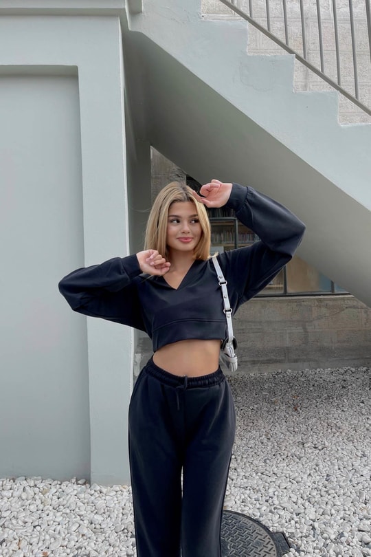 Modal Kapüşonlu Crop Takım Siyah