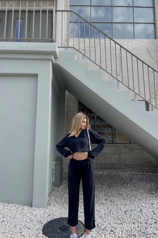 Modal Kapüşonlu Crop Takım Siyah