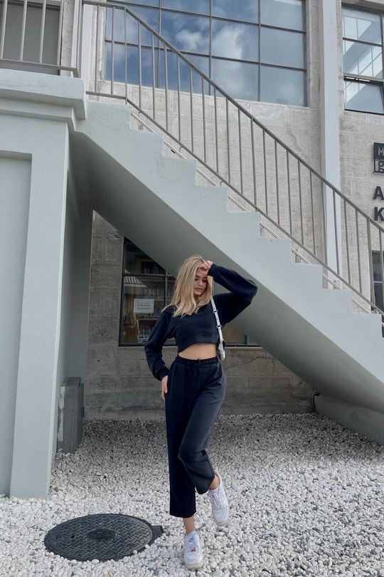 Modal Kapüşonlu Crop Takım Siyah