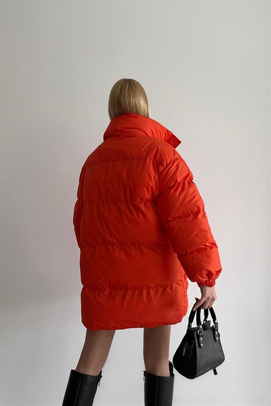Dik Yaka Çıtçıtlı Şişme Mont Oranj