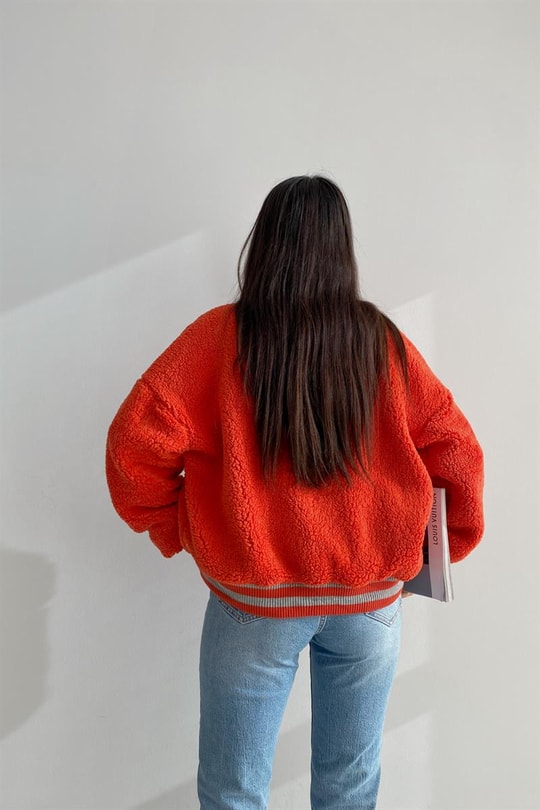 E Nakışlı Şerit Detay Peluş Mont Oranj