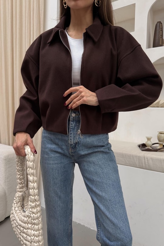 Fermuarlı Kaşe Bomber Mont Kahve