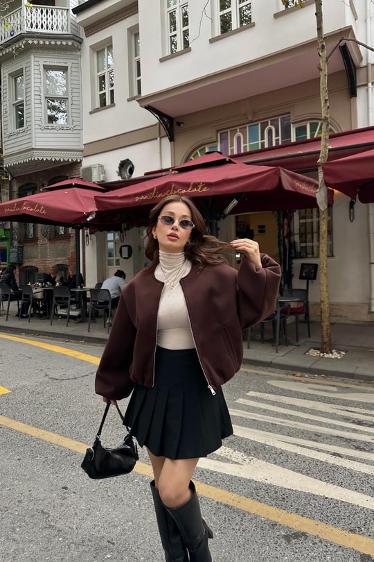 Fermuarlı Kaşe Bomber Mont Kahverengi