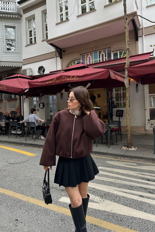 Fermuarlı Kaşe Bomber Mont Kahverengi