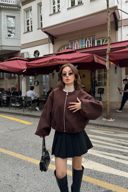 Fermuarlı Kaşe Bomber Mont Kahverengi