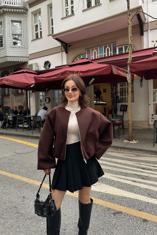 Fermuarlı Kaşe Bomber Mont Kahverengi