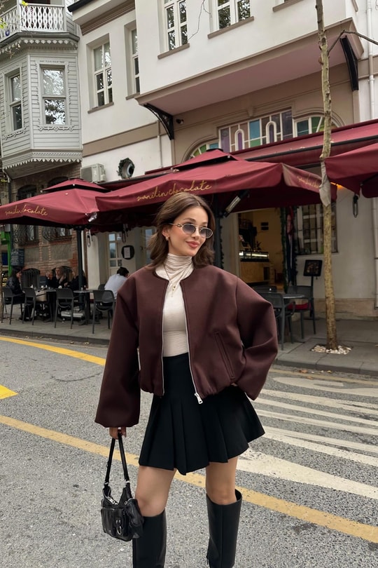 Fermuarlı Kaşe Bomber Mont Kahverengi