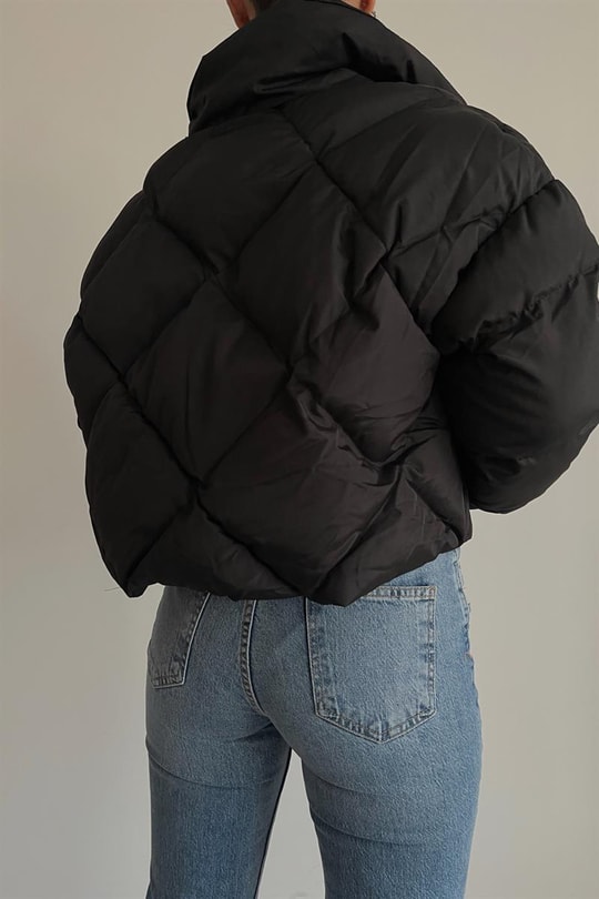 Kapitone Şişme Crop Mont Siyah