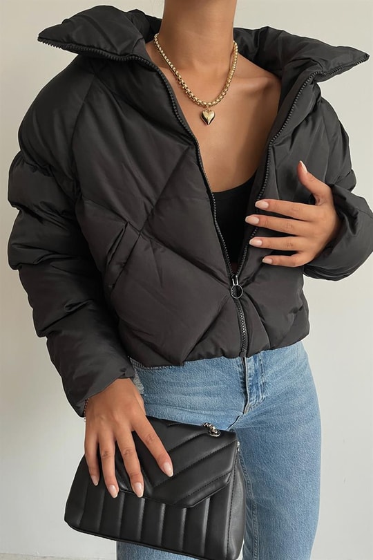 Kapitone Şişme Crop Mont Siyah