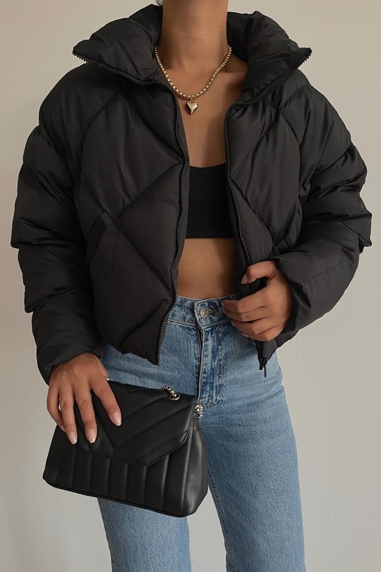 Kapitone Şişme Crop Mont Siyah