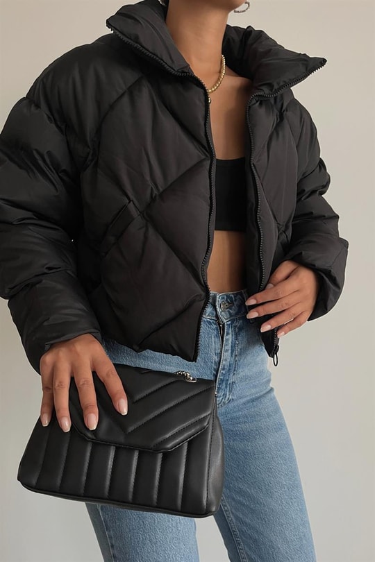 Kapitone Şişme Crop Mont Siyah