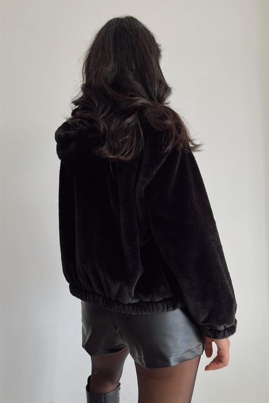 Kapüşonlu Peluş Mont Siyah