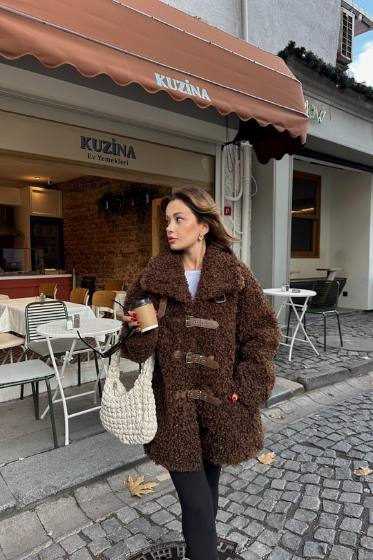 Kemerli Buklet Premium Kürk Kahve